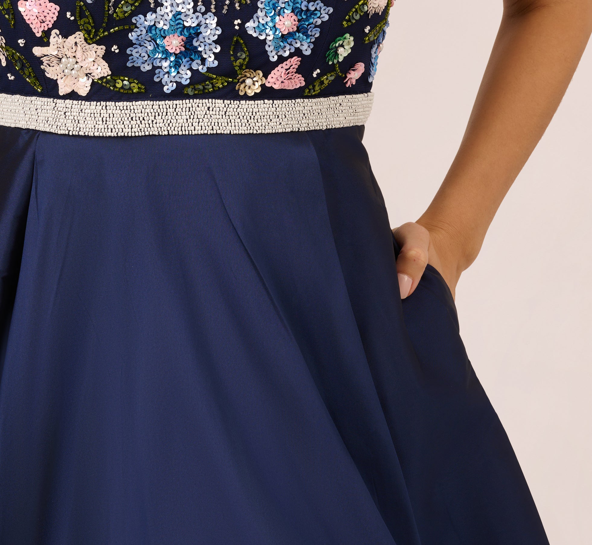 Cap Sleeve Beaded Gown With Taffeta High Low Skirt In Light Navy、mySite、solidvoid