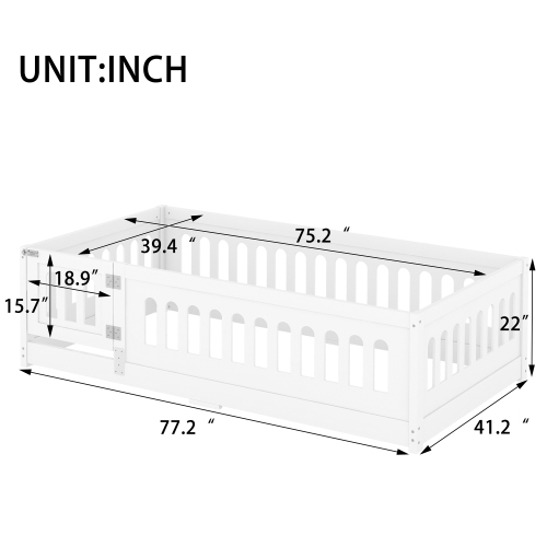 Twin Size Floor Bed with Heightened Safety Guardrails and Door, Solid Wood Bedframe with Rails for Girls, Boys, Teens, Child Bedroom, Kids Playroom, No Slats Included, White、、casual