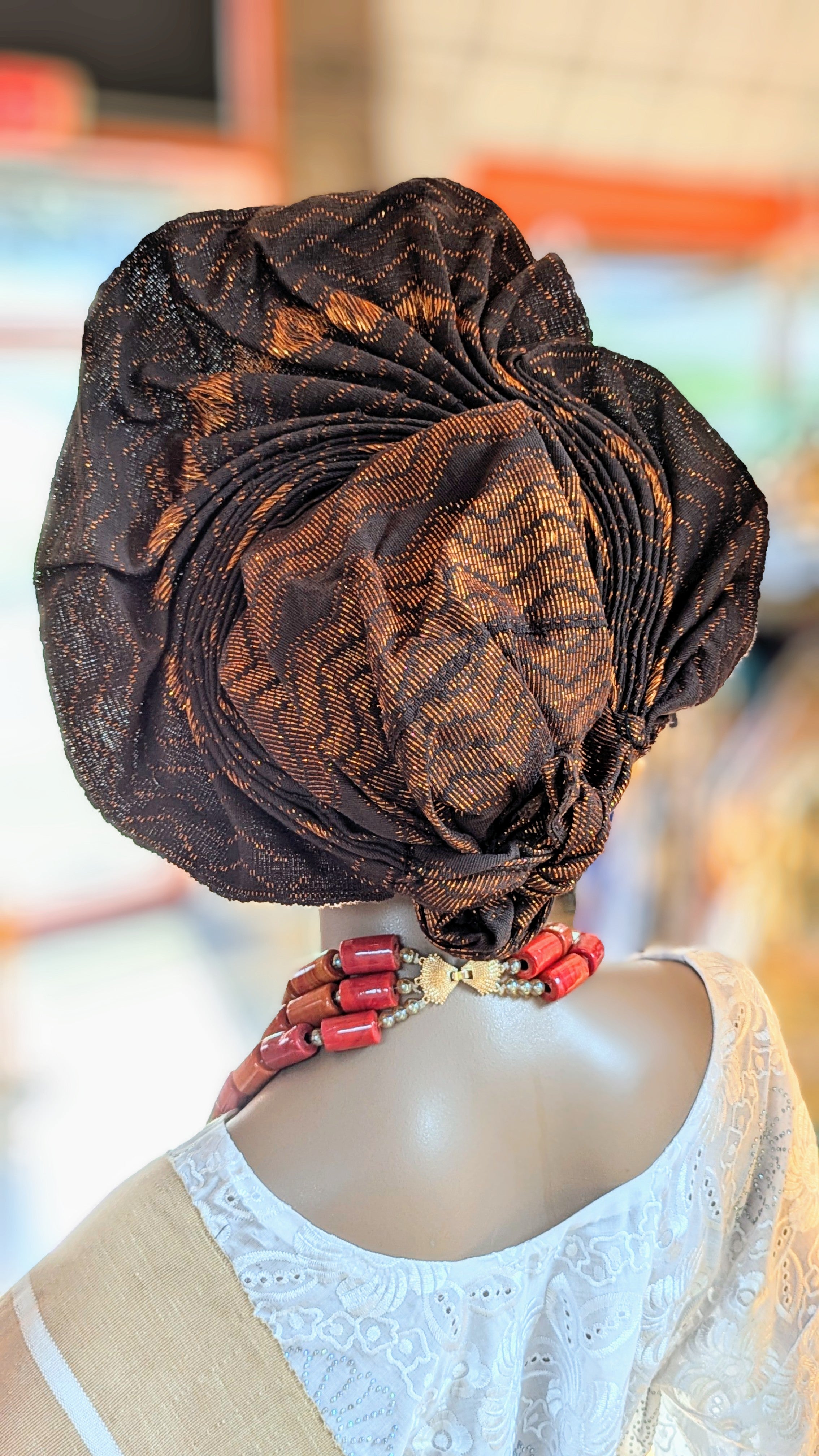 Dupsie's Zainabu Iridescent Brown Aso Oke Ready Gele Autogele Pre-tied Head Wraps Hat DPAGIRBA3、mySite、solidvoid