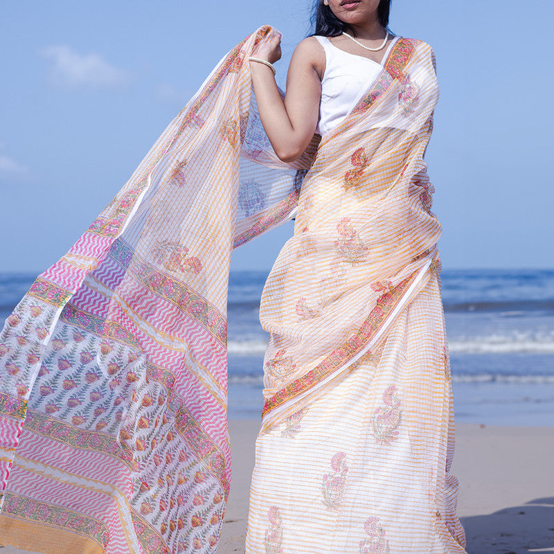 Kota Handblock Printed Saree | Mogra | White & Orange、mySite、camillekostekn