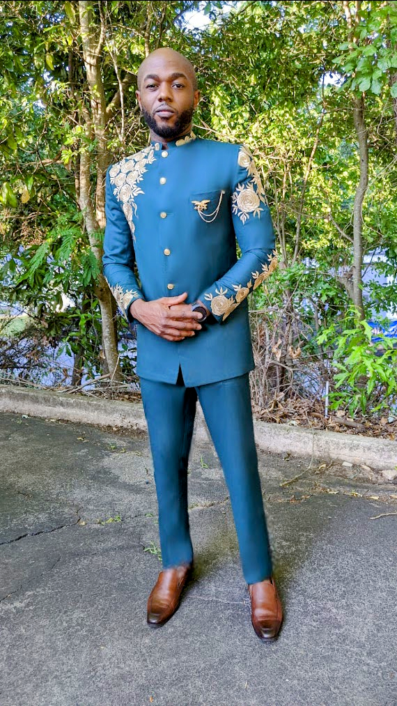 Odogwuu African Slim Fit Emerald Green Bishop Collar Button Down Suit Jacket with Gold Embroidery Patterns-DPXEGGES21、mySite、solidvoid