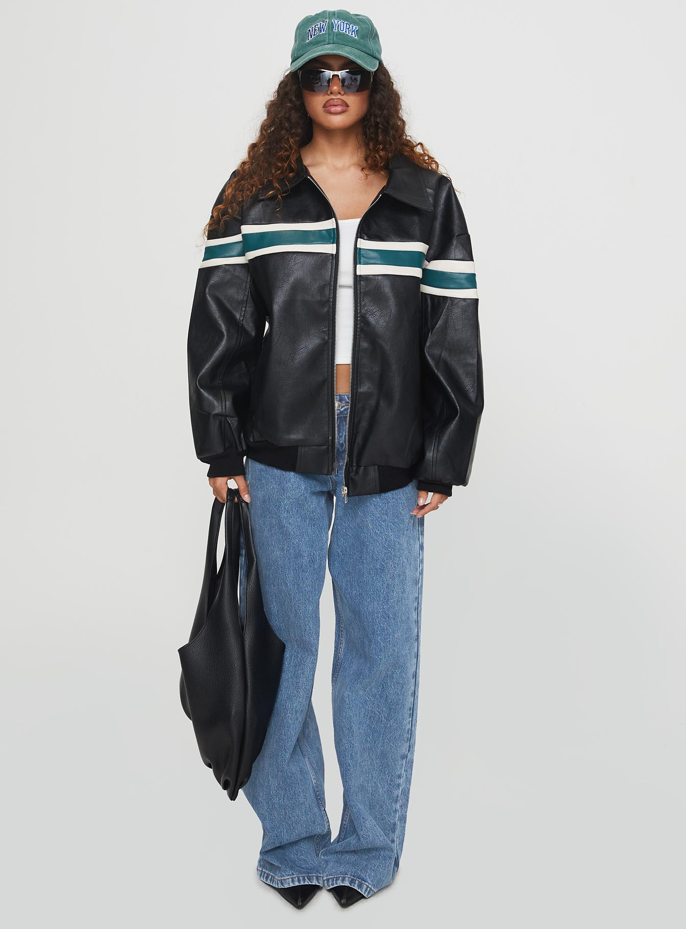 Goldsmith Faux Leather Bomber Jacket Black / Green、mySite、solidvoid