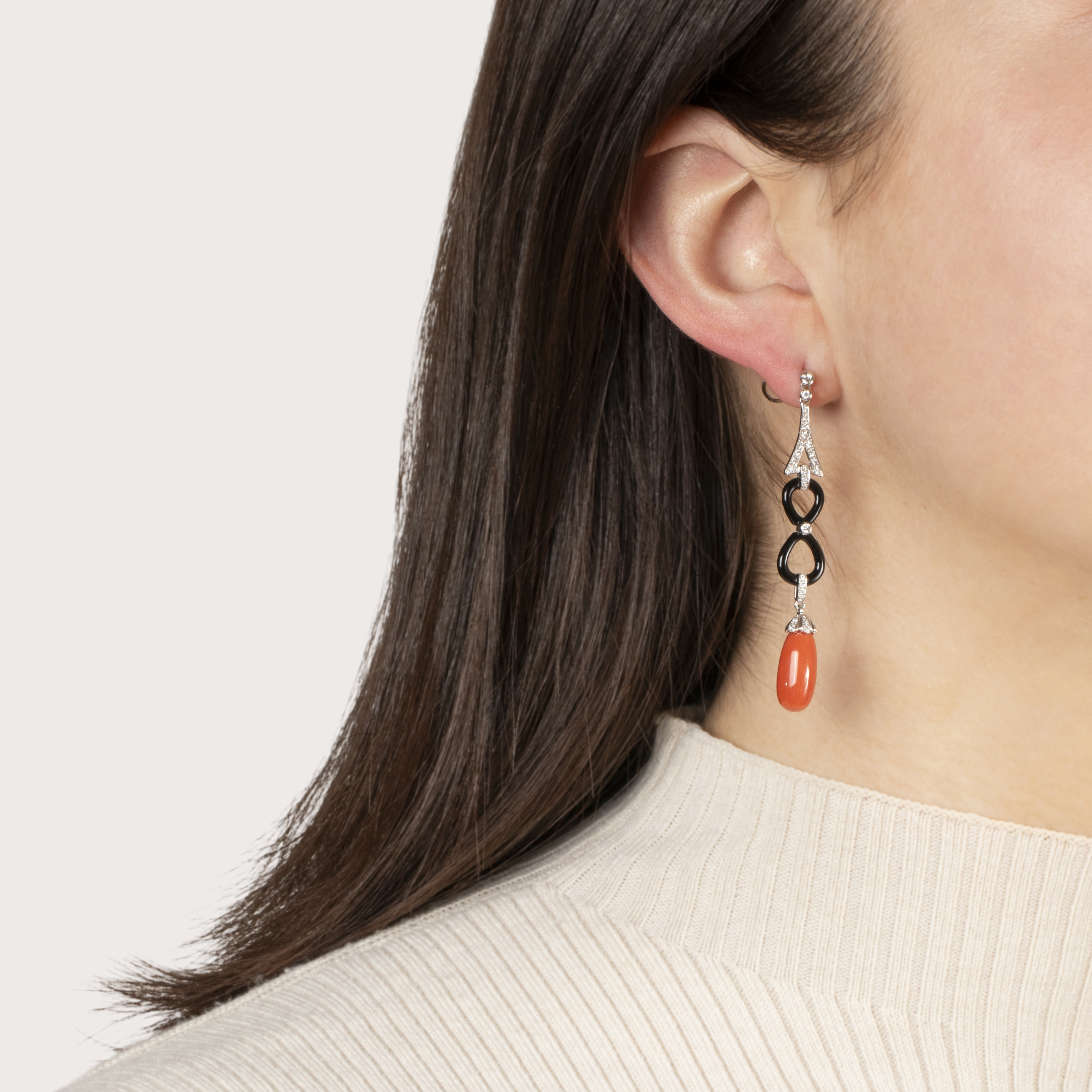 Abbott & Oaks 18k White Gold Coral Onyx Diamond Art Deco Style Dangle Earrings、mySite、hinf8tx79