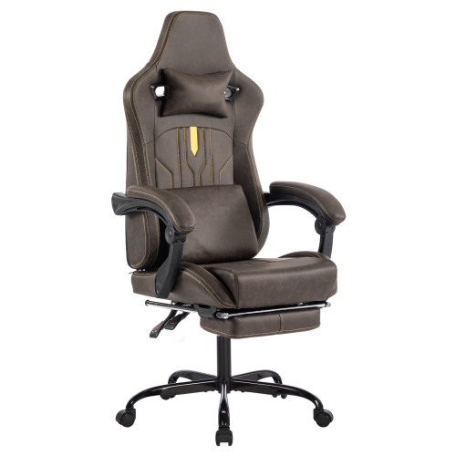 Gaming Chair, Video Game Chair with Massage Lumbar Support and Footrest, Comfortable Ergonomic Computer Chair with Linkage Armrests, Height Adjustable Racing Game Chair Pu Leather for Adults,Brown、、casual