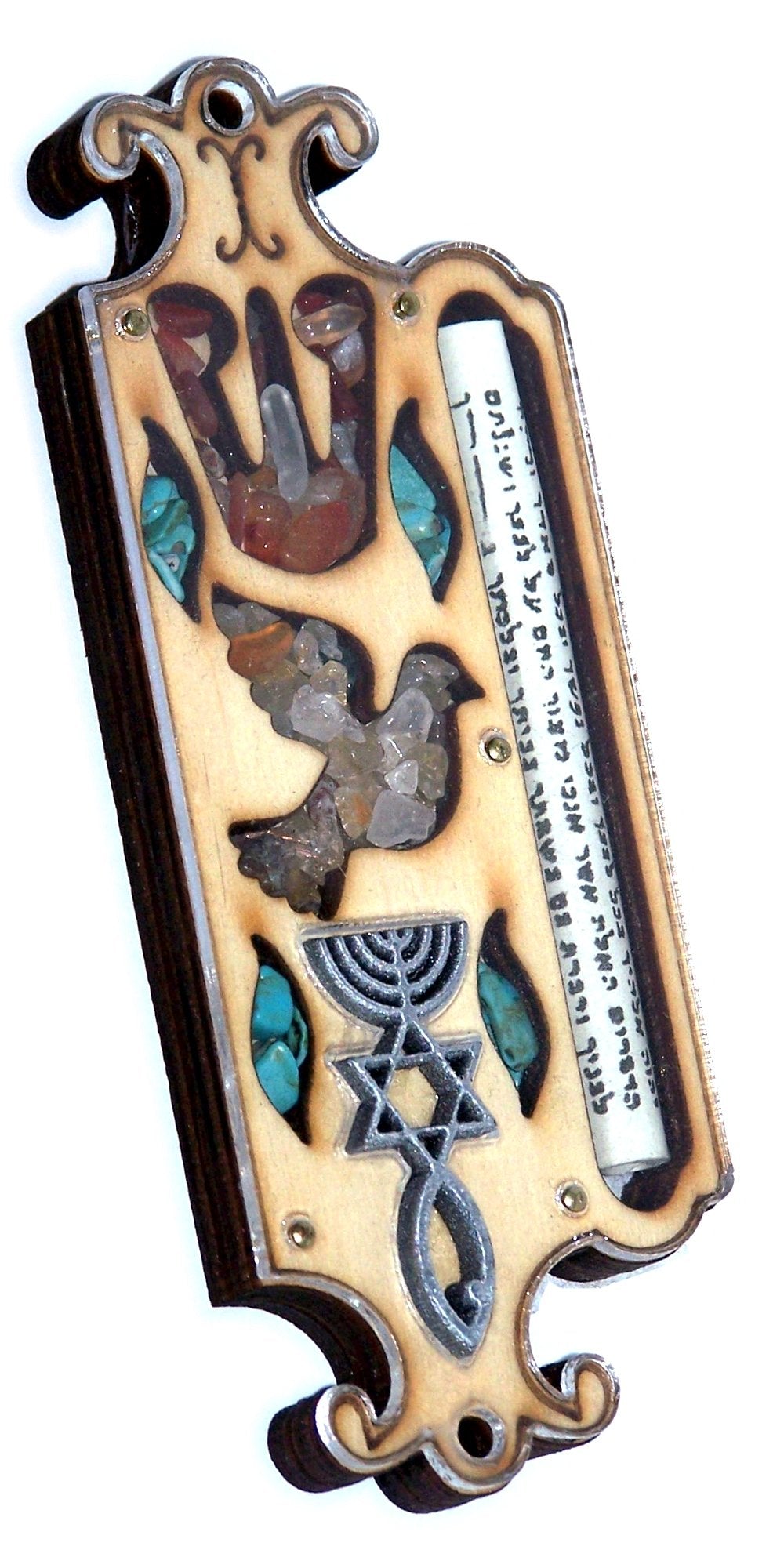  Wooden Messianic Seal Mezuzah case with Messianic Seal - 5 Inch with Scroll and Jerusalem Stones、mySite、elrpsem3k