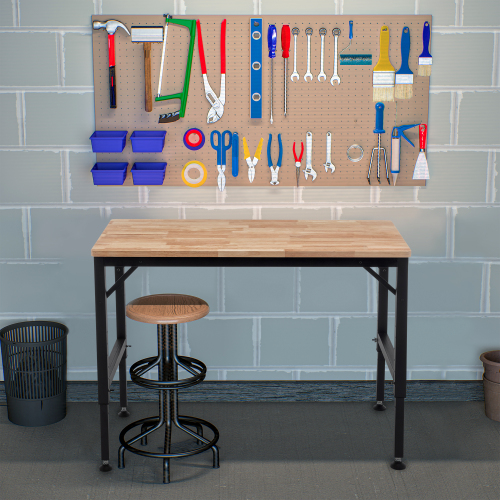 Adjustable Height Workbench, 60" Rubber Wood Top Heavy duty Workstation with Power Outlets, 2000 LBS Load Capacity Hardwood Worktable for Workshop, Garage, Office, Home, Commercial、、casual