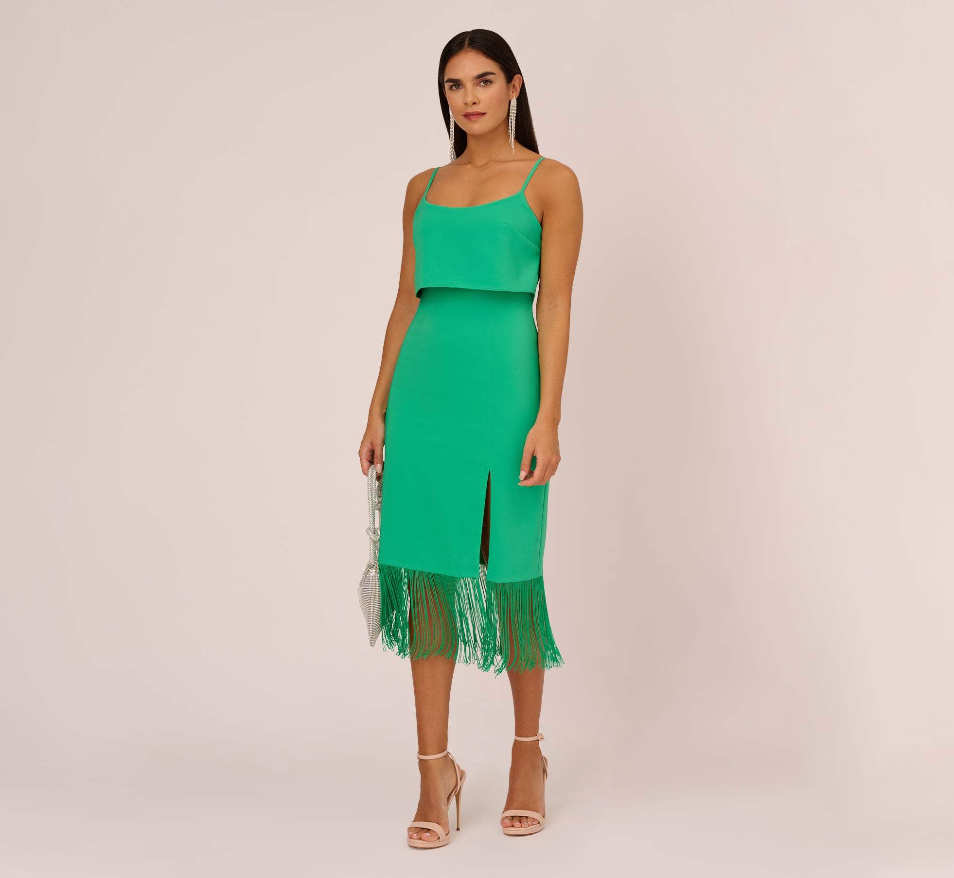 Stretch Crepe Popover Midi Dress With Fringe Hem In Summer Green、mySite、solidvoid