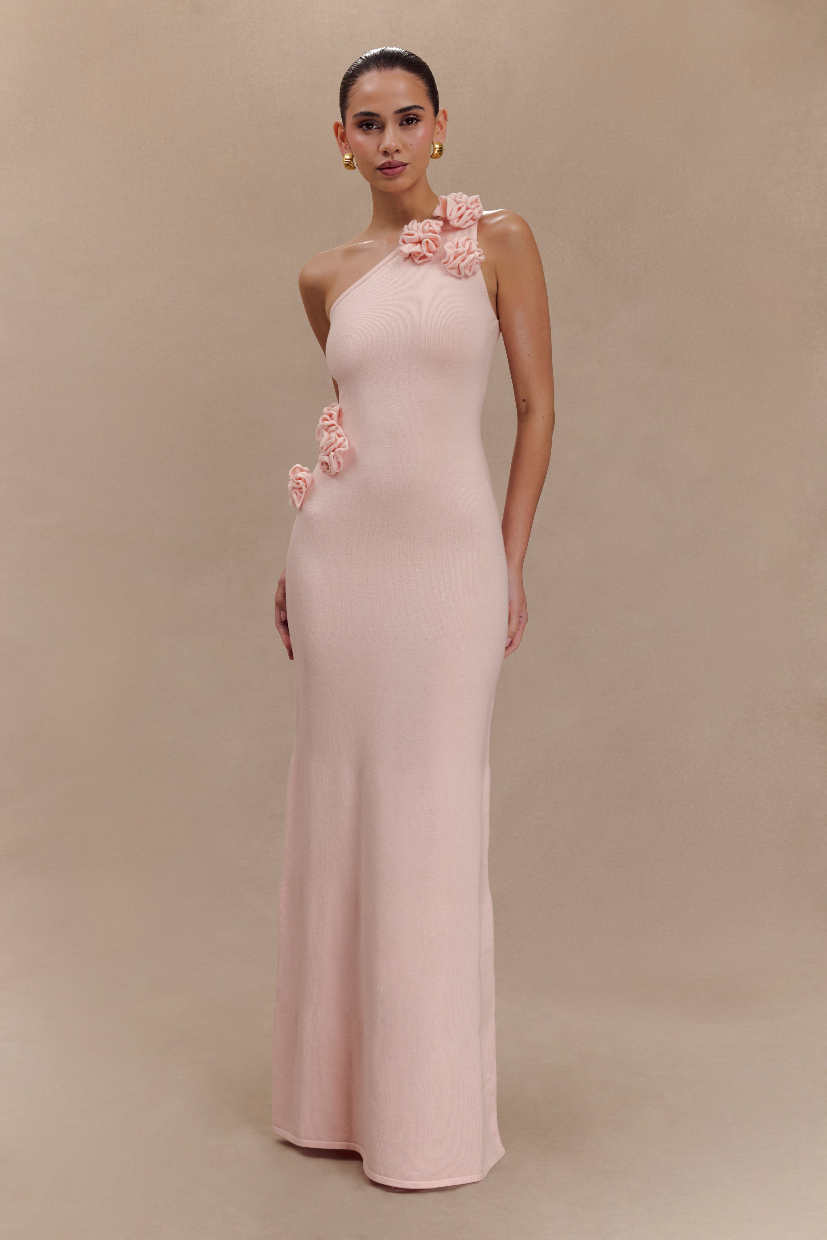 Paloma One Shoulder Knit Maxi Dress With Flowers - Baby Pink、mySite、solidvoid