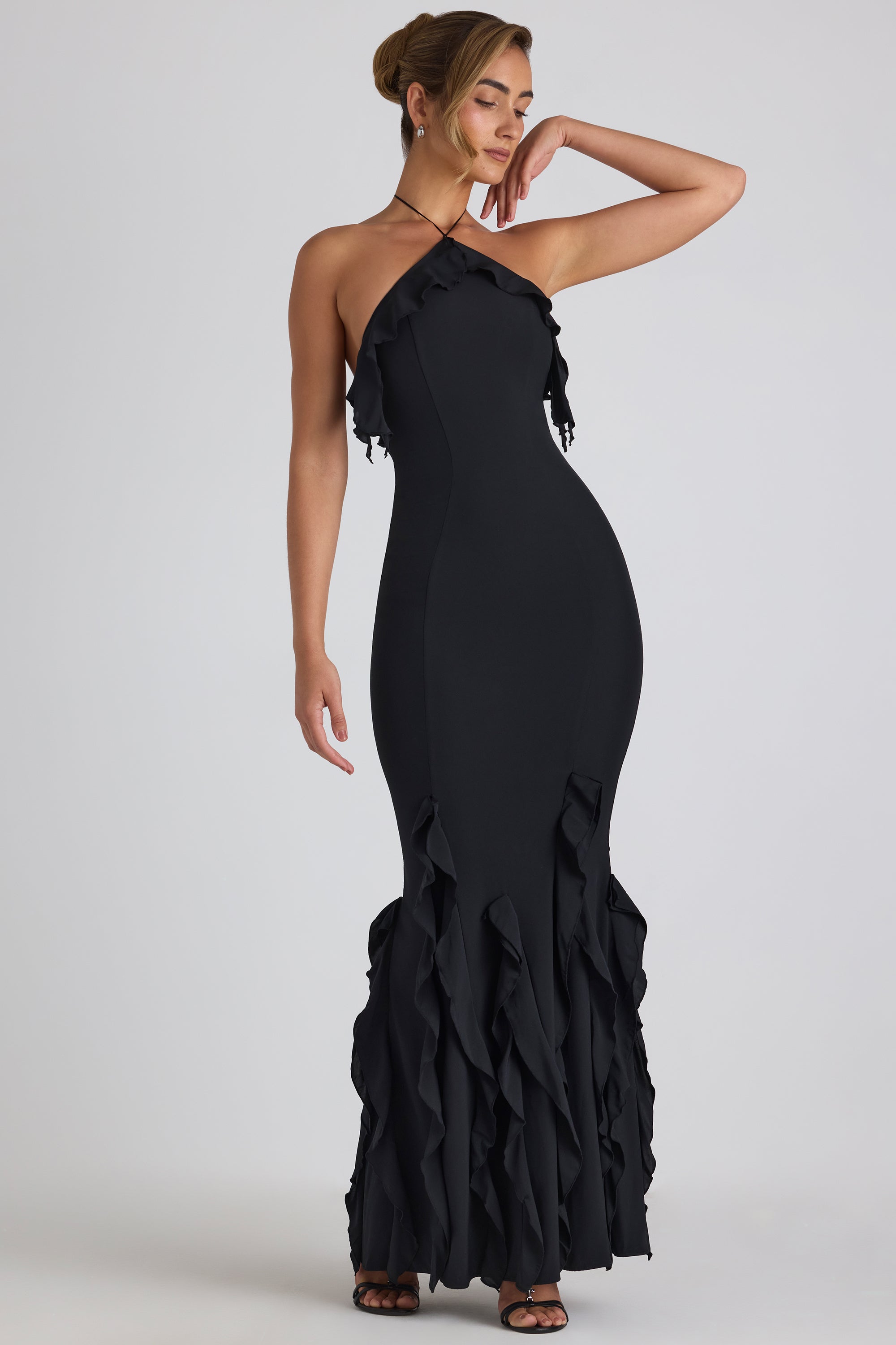 Ruffle-Trim Halterneck Gown in Black、mySite、solidvoid