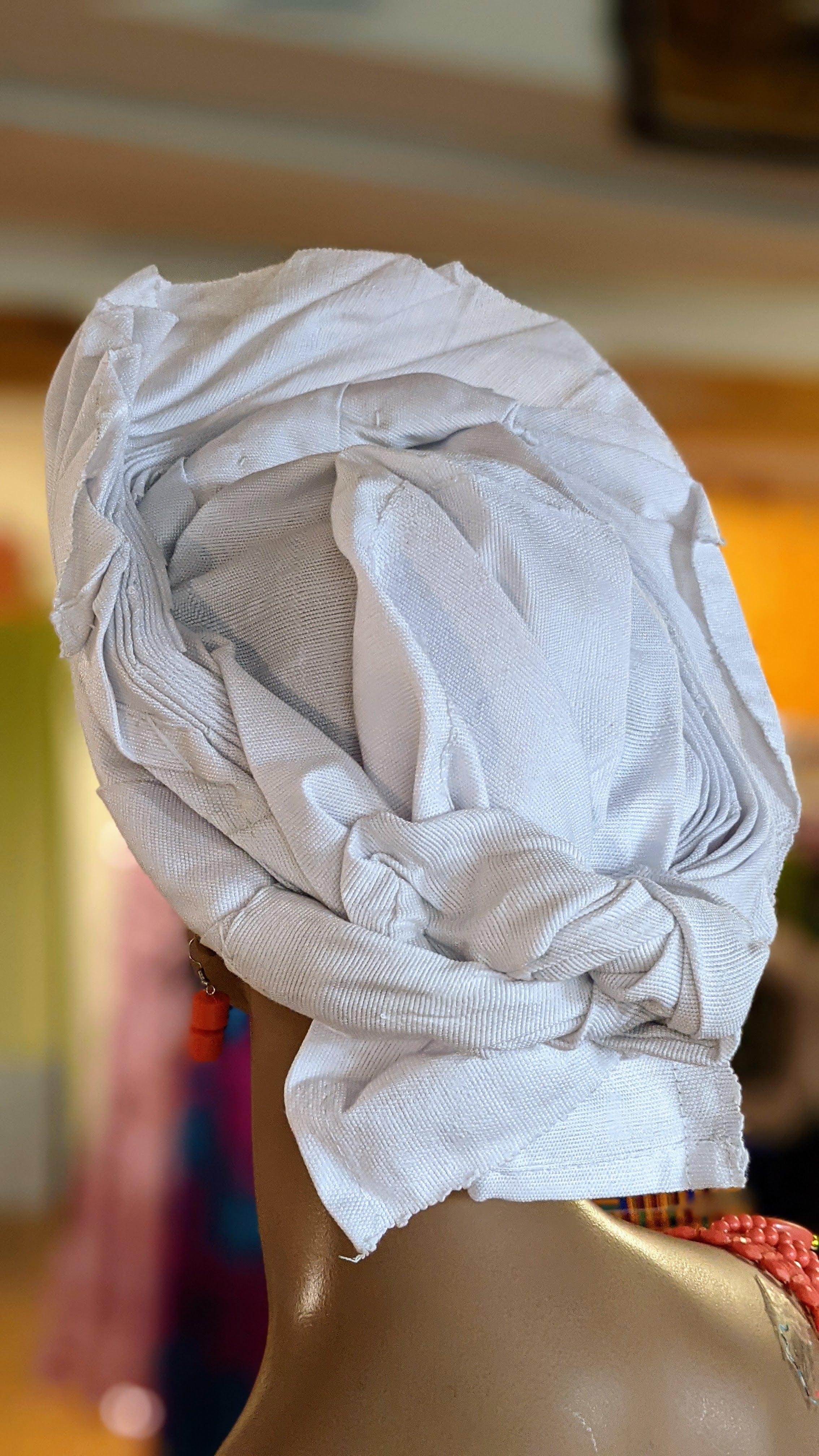 All White Funke Aso Oke Pre-tied Head wrap AutoGele Hat - DPAW3949A、mySite、solidvoid