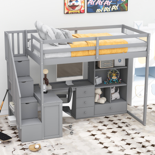 Twin Size Loft Bed with L-Shaped Desk and Drawers, Cabinet and Storage Staircase, White、、casual