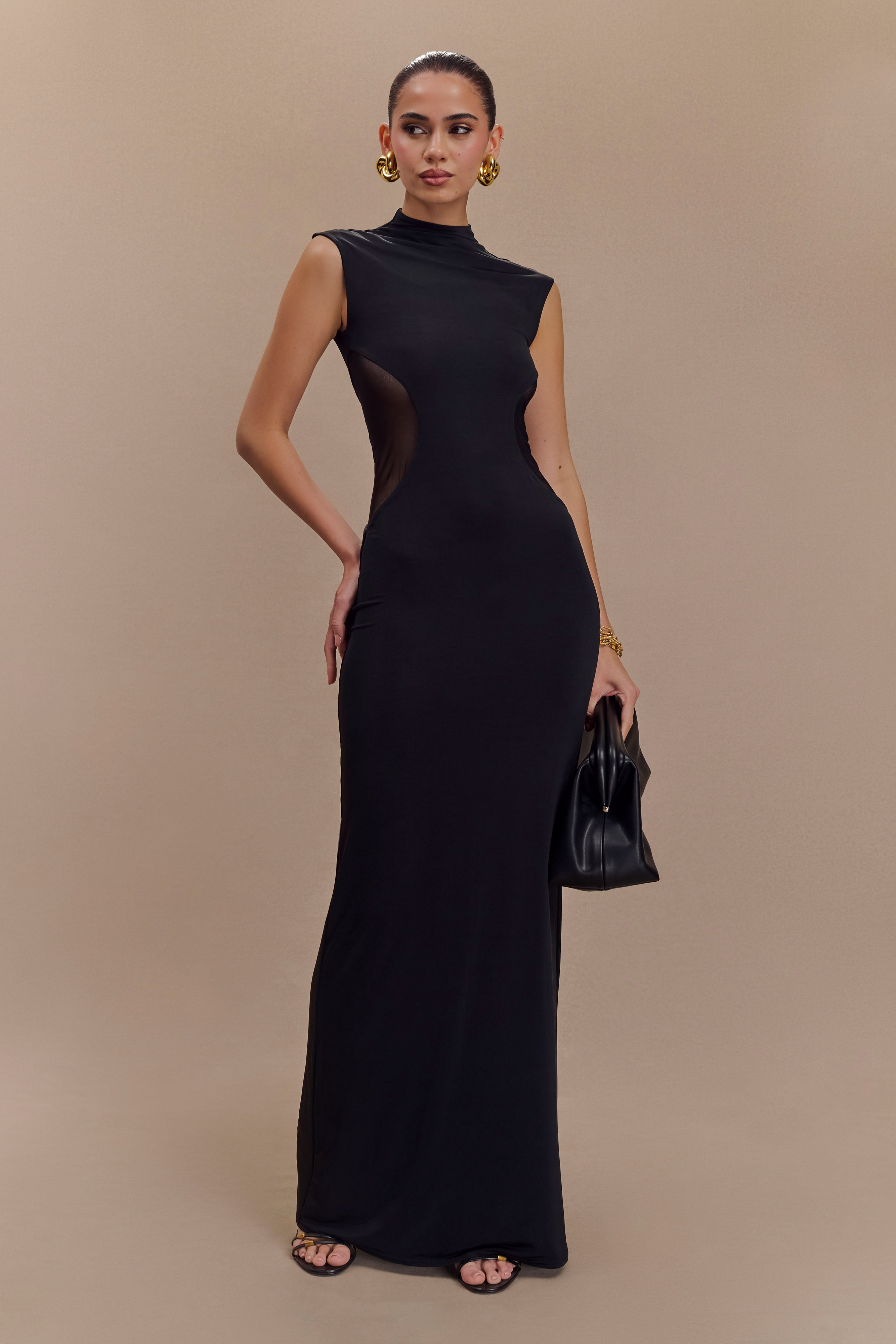 Massie Slinky And Mesh Maxi Dress - Black、mySite、solidvoid