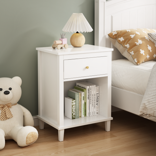 26.77''H Wooden Nightstand with One Drawer One Shelf for Kids, Adults, White+Golden handle、、casual