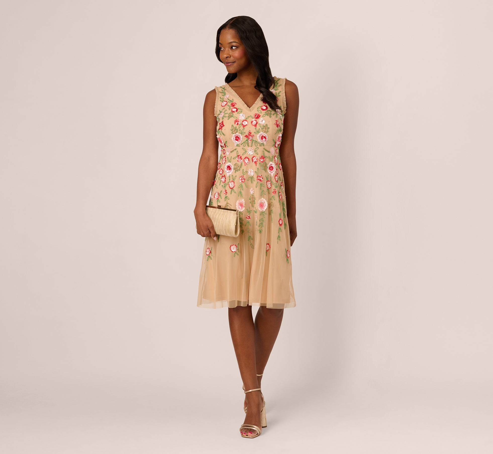 Sleeveless Fringe Trim Floral Bead Midi Dress In Nude Multi、mySite、solidvoid