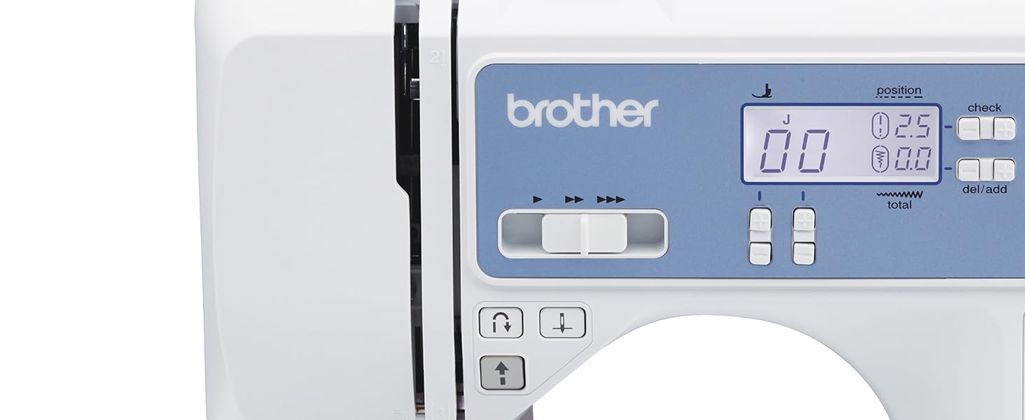 Close-up image of machine showing computerized screen, stitch, reverse, and speed control buttons