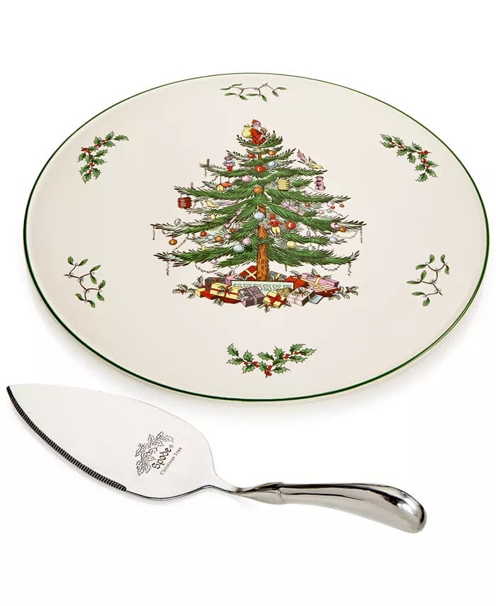 Spode Christmas Tree Porcelain Cake Plate with Stainless Steel Metal Server、mySite、g9winljtr