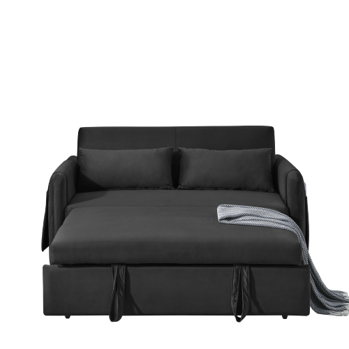 55" Modern Convertible Sofa Bed with 2 Detachable Arm Pockets, Velvet Loveseat Sofa with Pull Out Bed, 2 Pillows and Living Room Adjustable Backrest, Grid Design Armrests、、casual