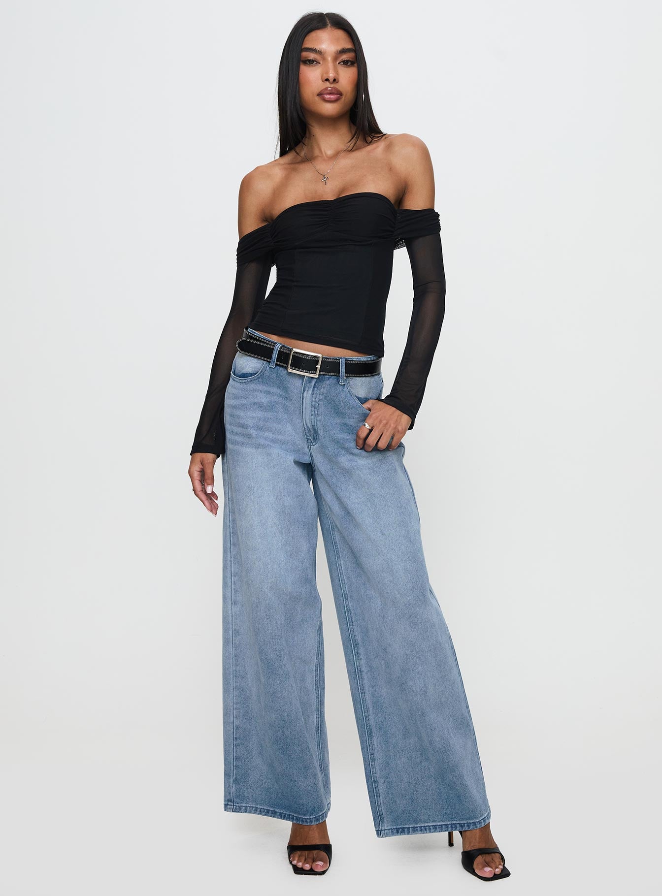 Saelan Off Shoulder Long Sleeve Top Black、mySite、solidvoid