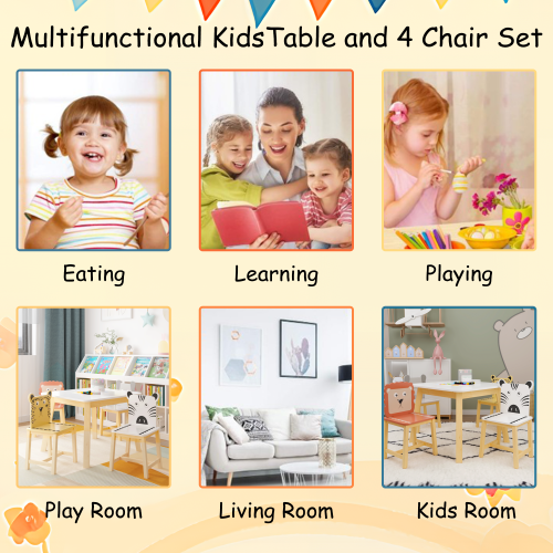 Kids Table and 2 Chairs Set, 3 Pieces Toddler Table and Chair Set, Wooden Activity Play Table Set (Lion&Monkey)、、casual