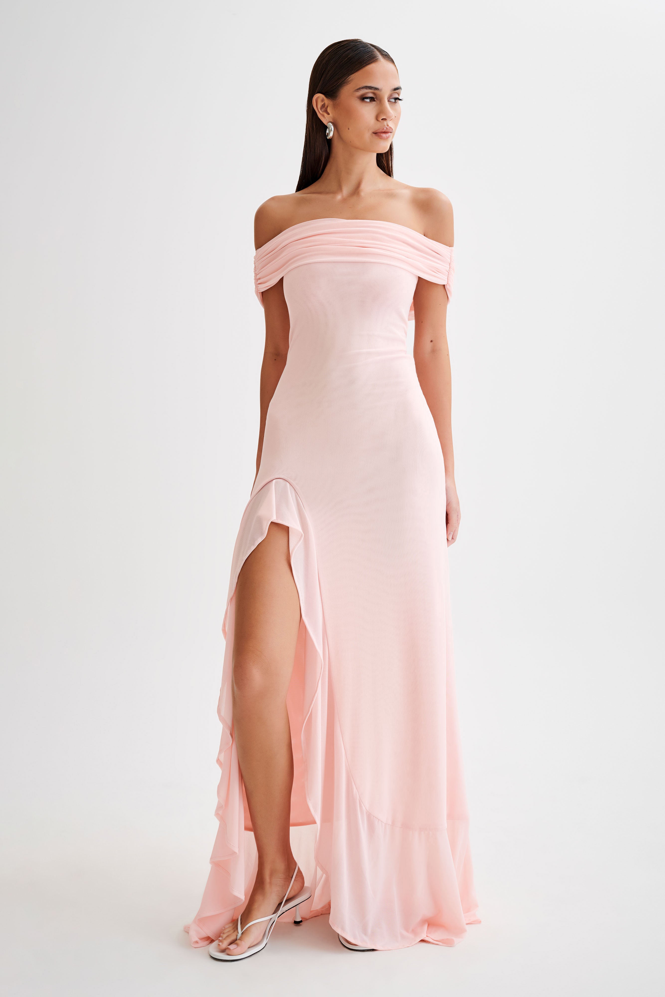 Audrey Off Shoulder Mesh Maxi Dress - Pale Pink、mySite、solidvoid
