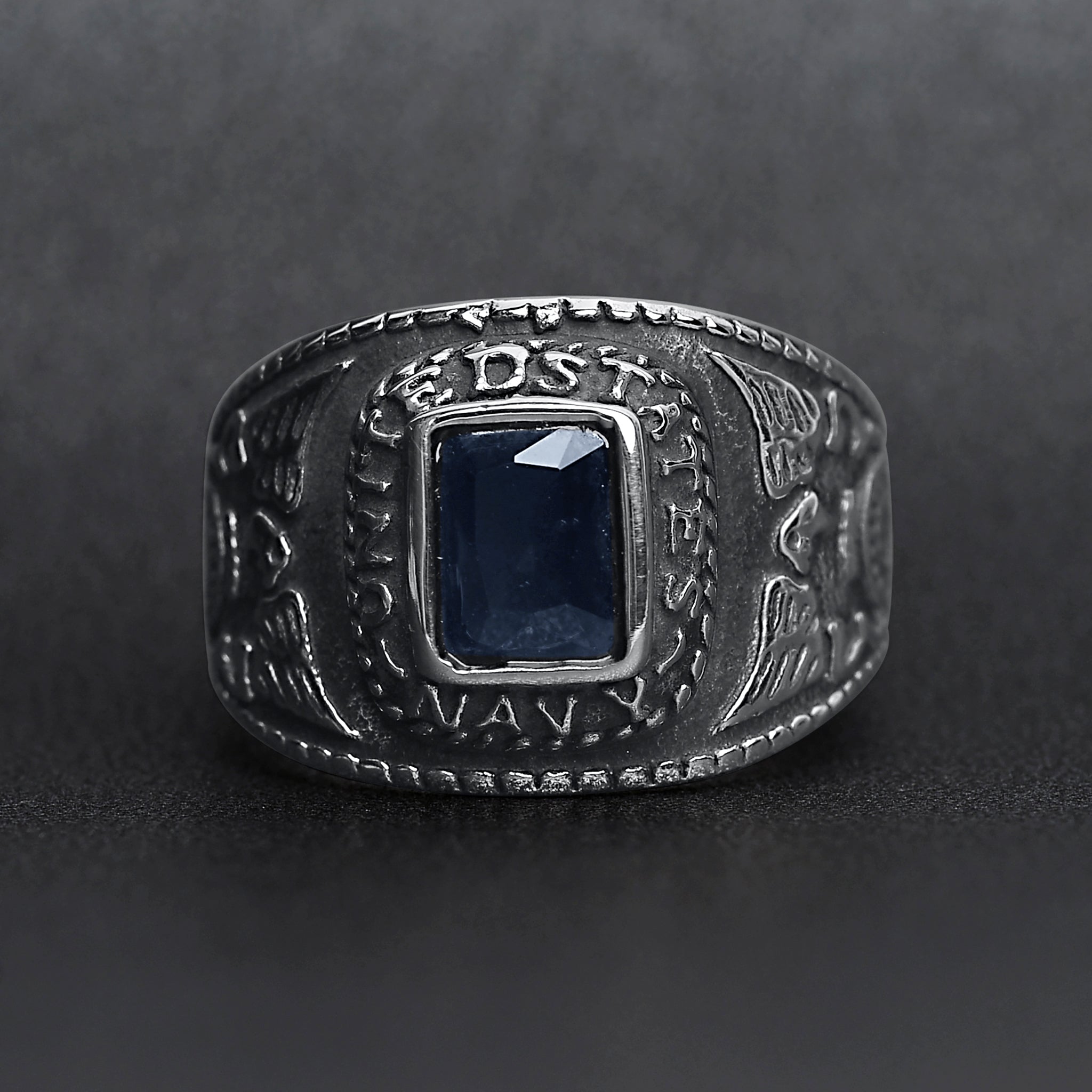 United States Navy Dark Blue Center Stone Stainless Steel Women's Ring / MCR4103、mySite、dreamappss