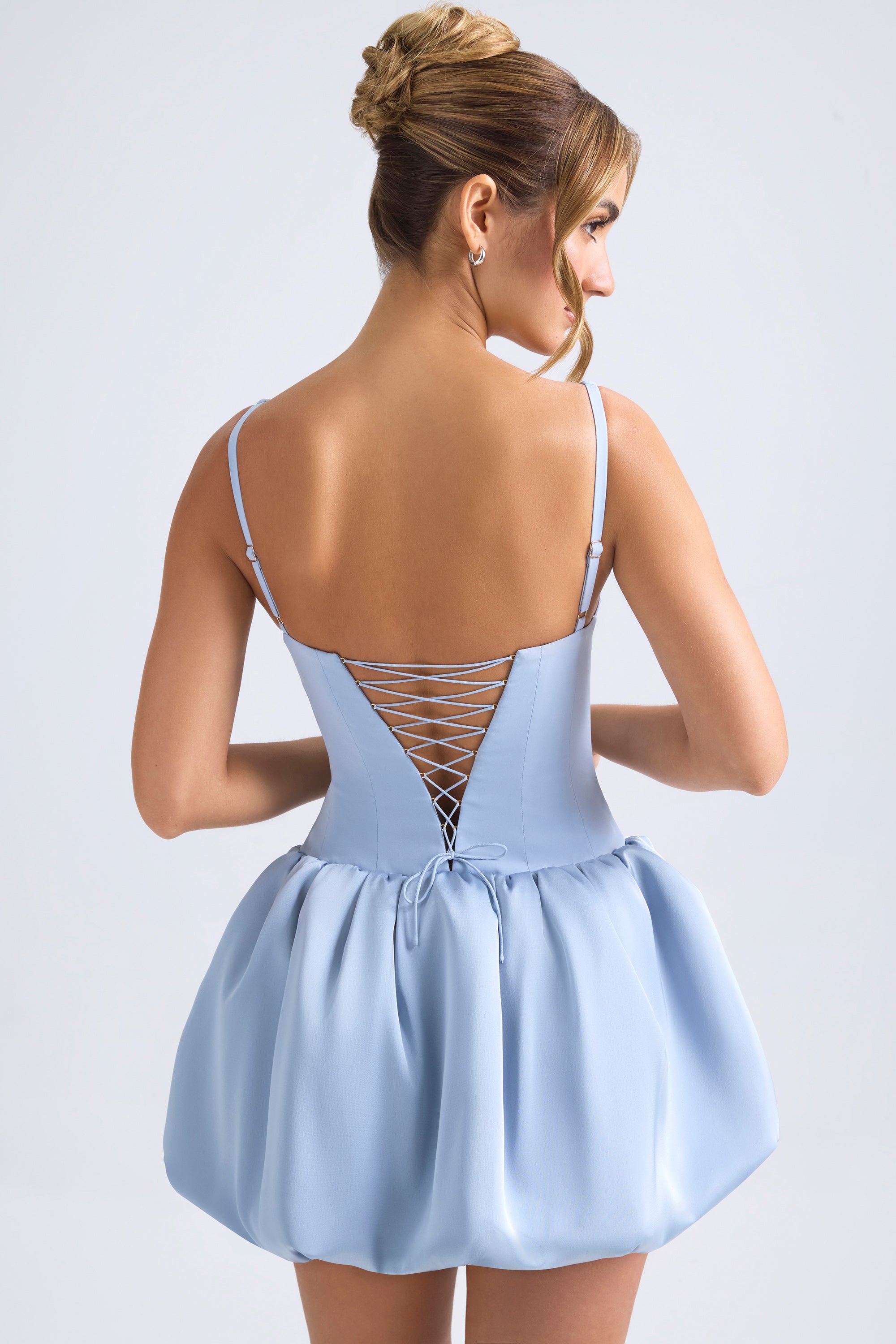 Lace-Up Bubble Hem Corset Micro Mini Dress in Light Blue、mySite、solidvoid