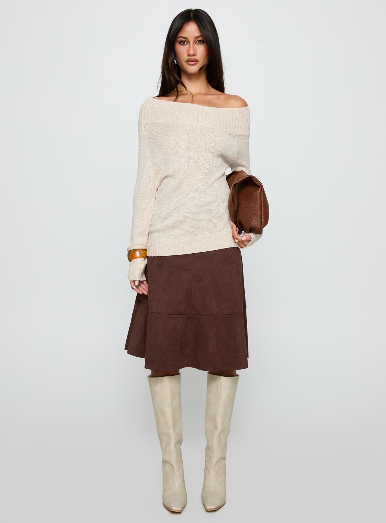 Alyxandra Off Shoulder Knit Sweater Beige、mySite、solidvoid