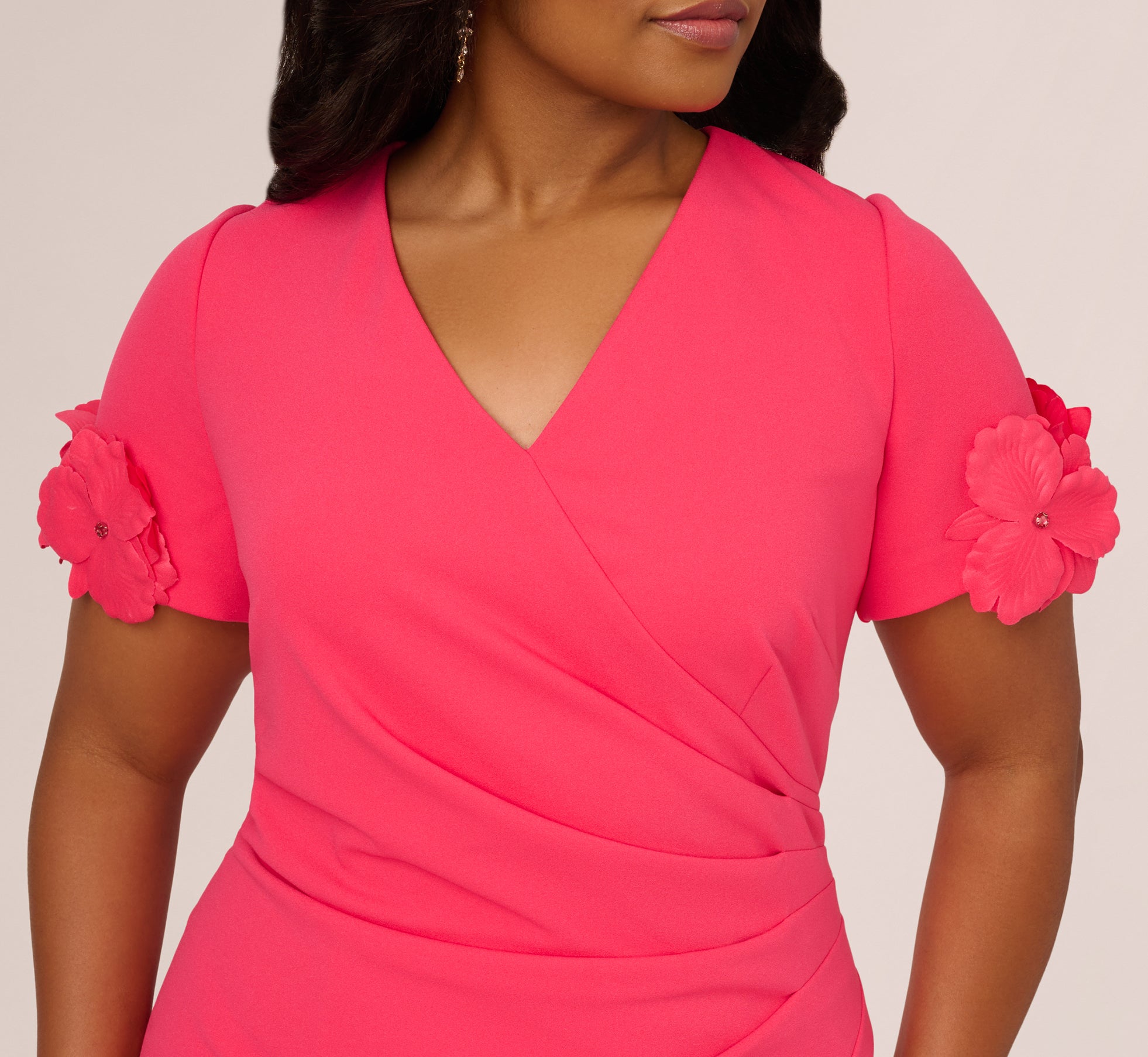 Plus Size Crepe Faux Wrap Sheath Dress With Floral Accent Short Sleeves In Petunia、mySite、solidvoid