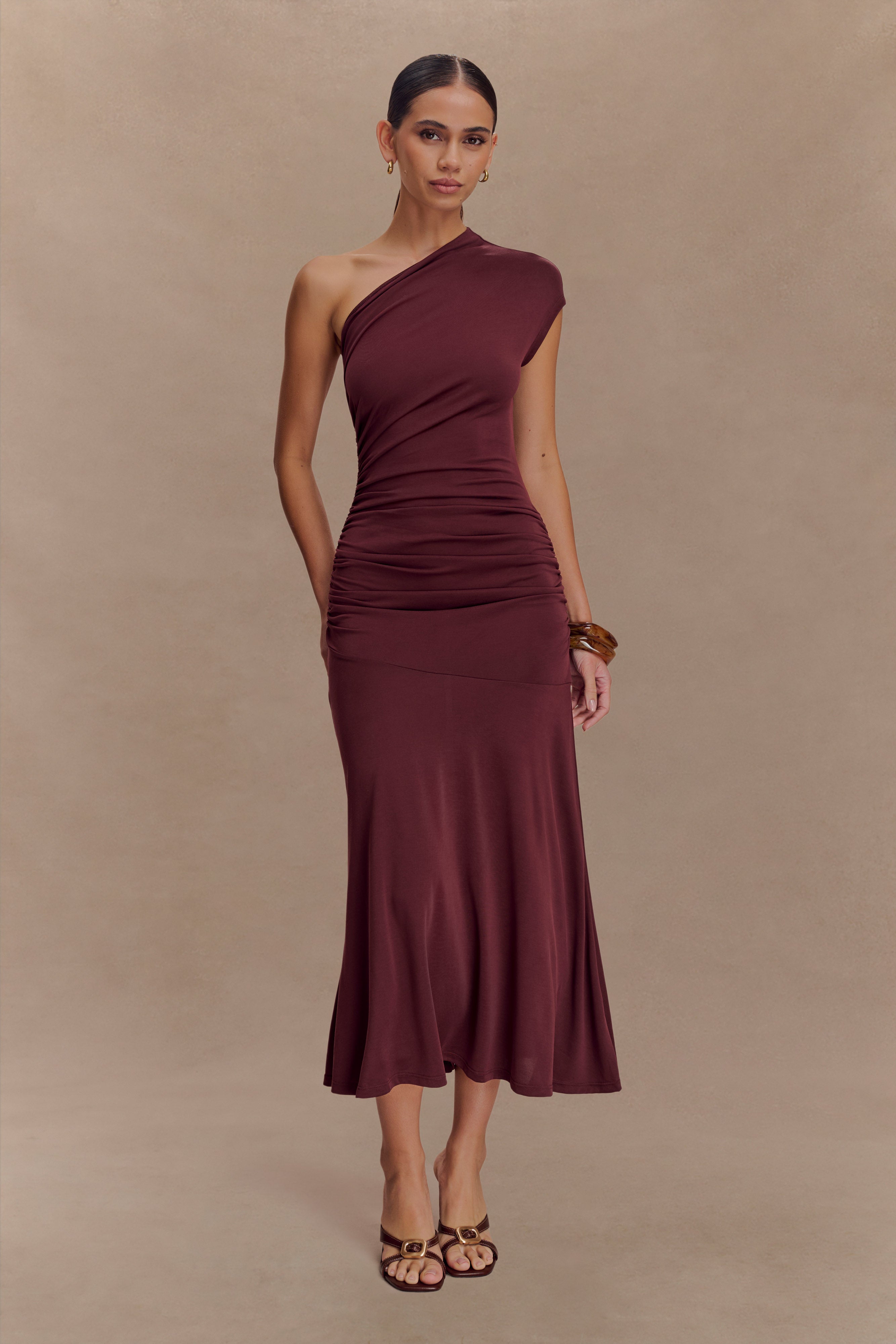 Chloe Peached Jersey One Shoulder Midi Dress - Mahogany、mySite、solidvoid