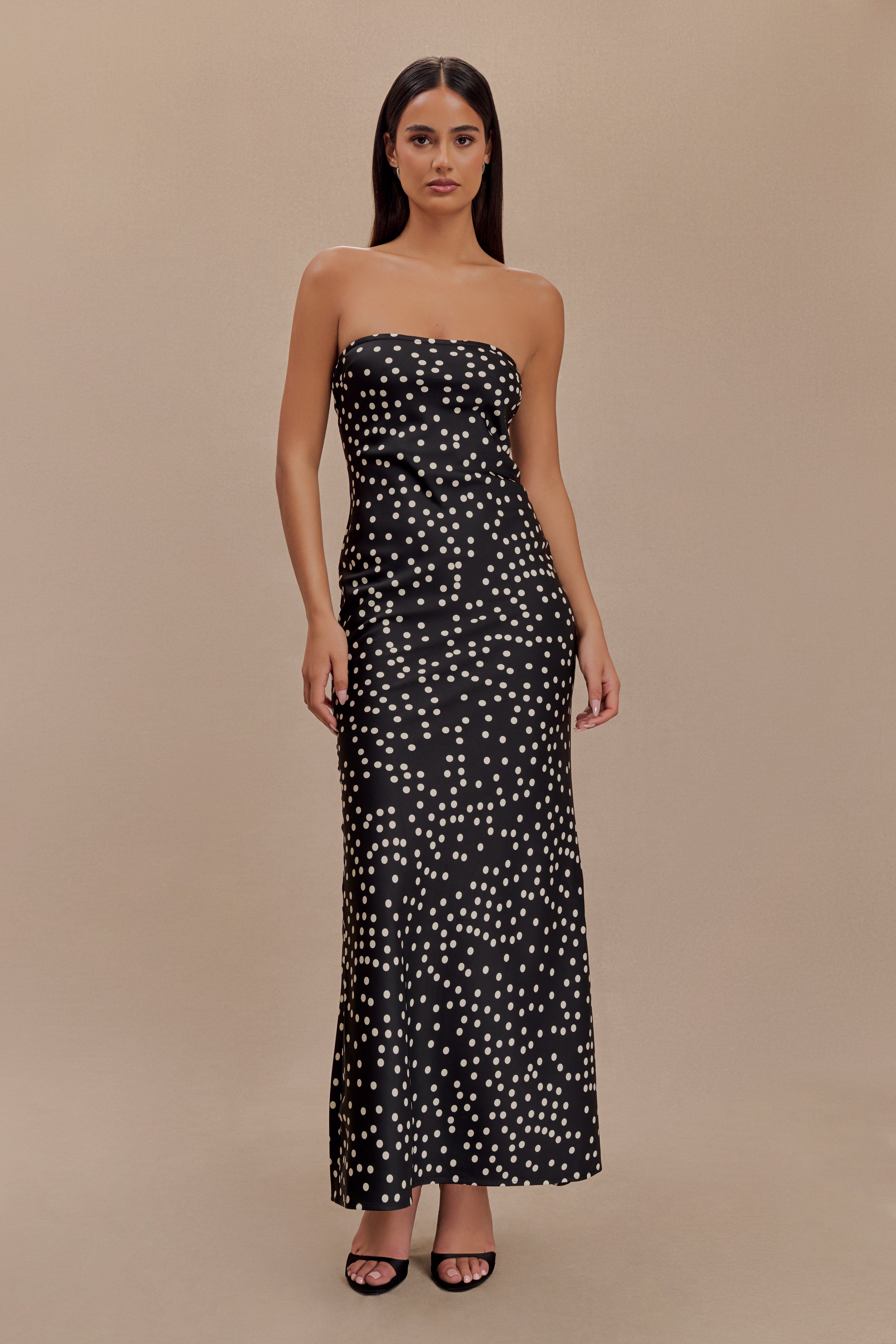 Claudette Strapless Satin Maxi Dress - Black Polka Dot Print、mySite、solidvoid