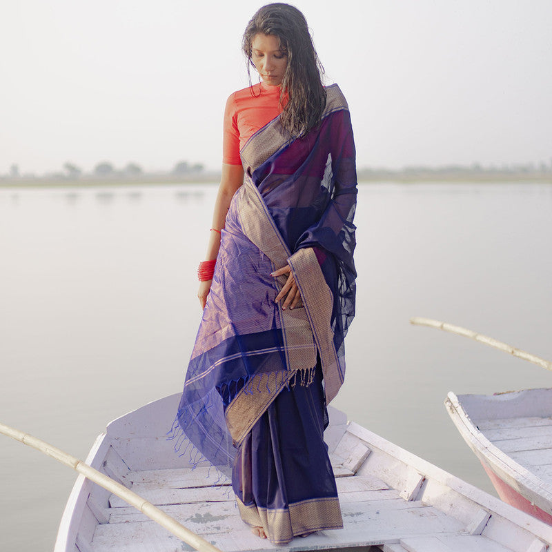 Maheshwari Silk Cotton Saree | Navy Blue、mySite、camillekostekn