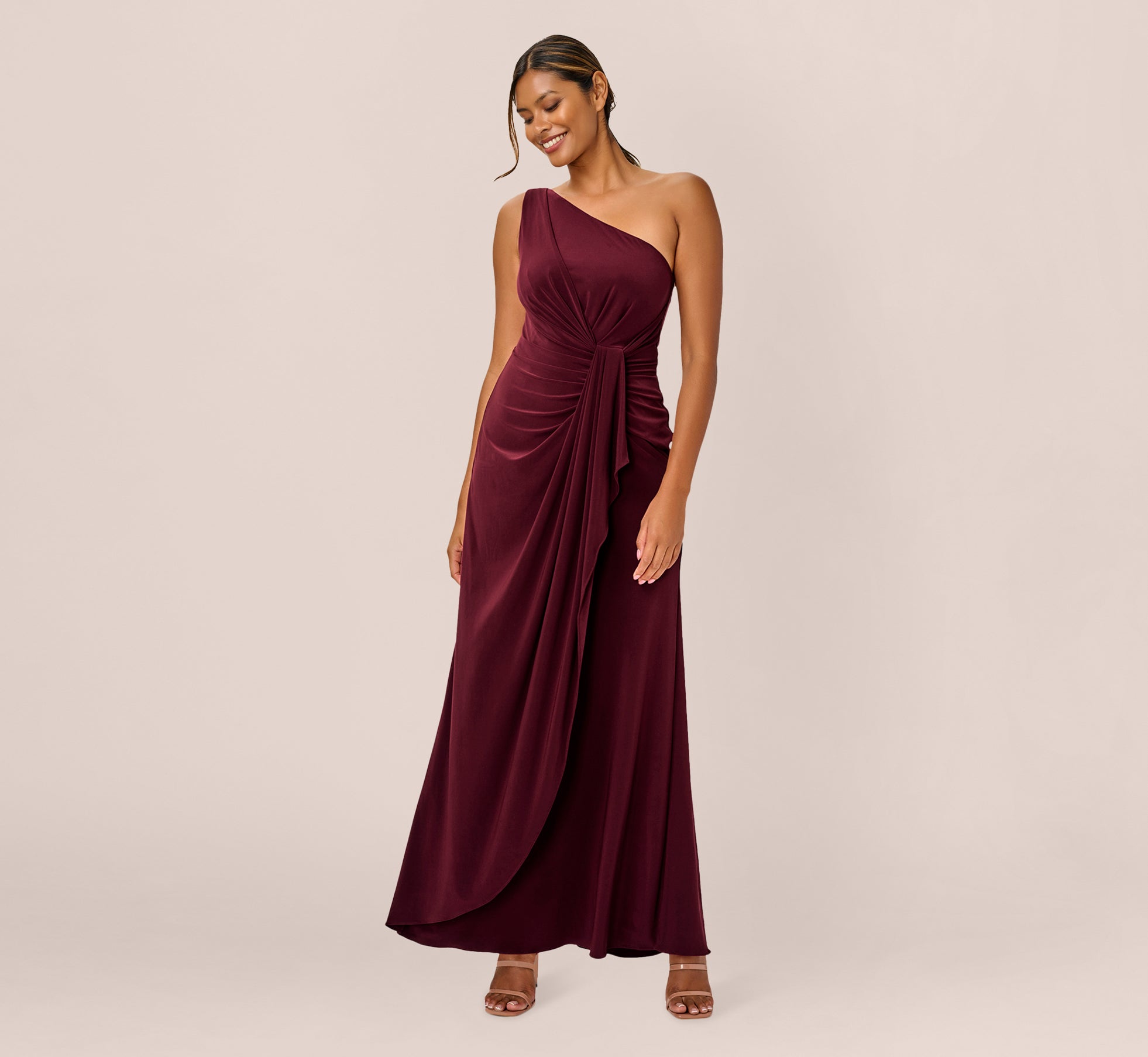 One Shoulder Dress With Draped Waist Detail In Red Wine、mySite、solidvoid