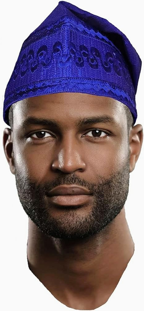 Dupsie's Embroidered Royal-Blue African Aso Oke 峄�l谩F矛l� Handwoven Fila Kufi Cap Hat DPH294、mySite、solidvoid