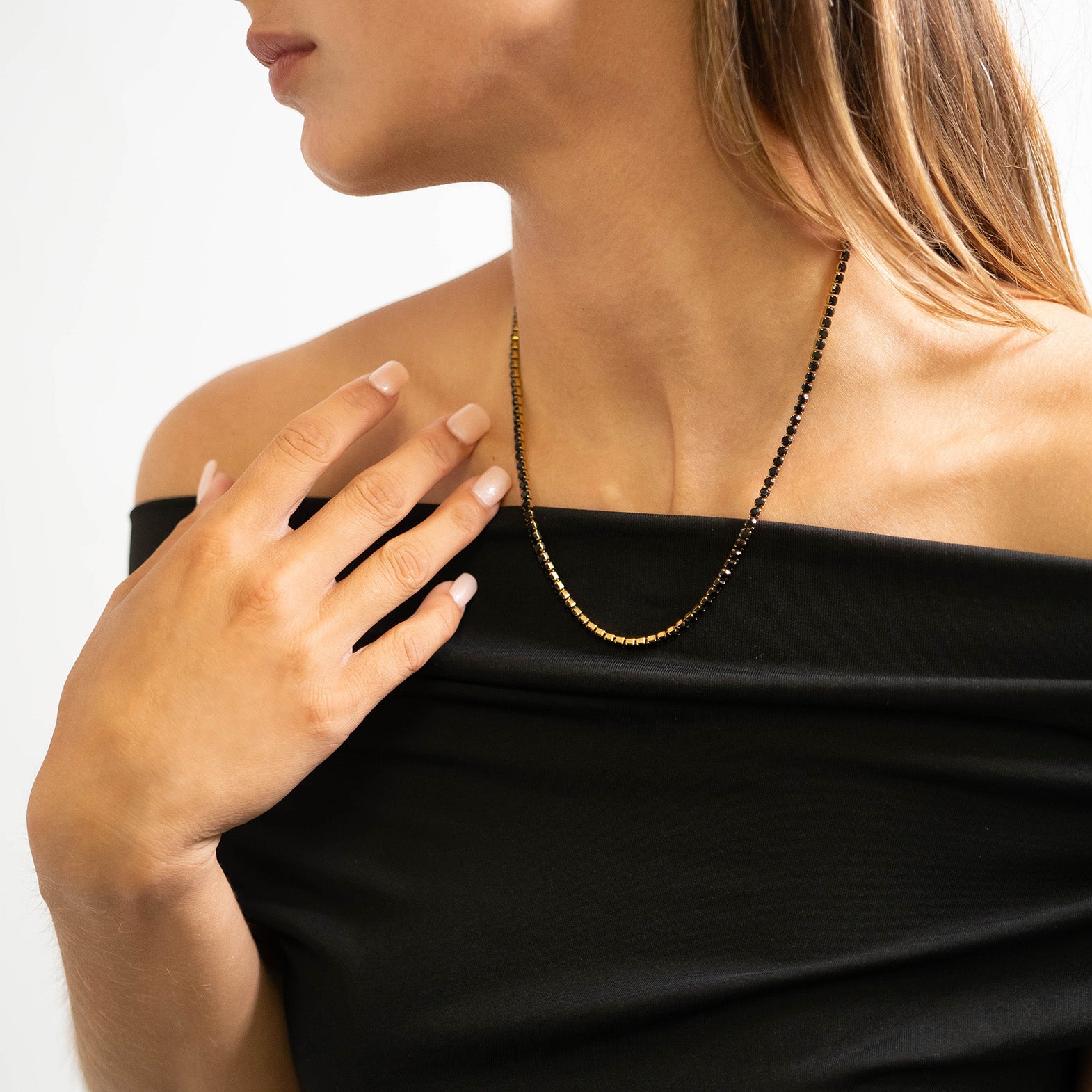 18K Gold PVD Stainless Steel Jet Rhinestone Tennis Chain Necklace With 2 Extension / TNN0004、mySite、dreamappss