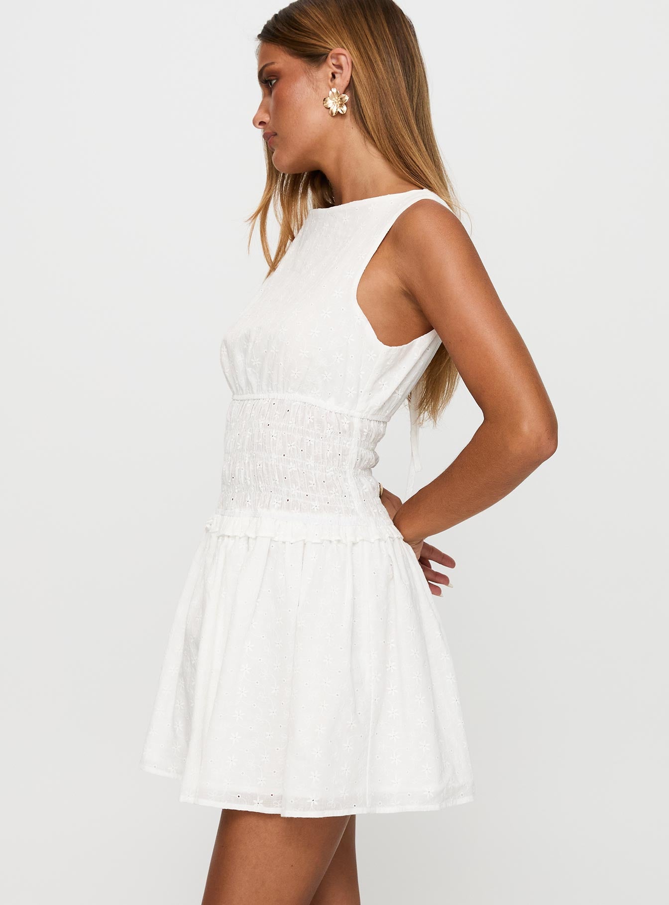 Yennifer Shirred Broiderie Mini Dress White、mySite、solidvoid