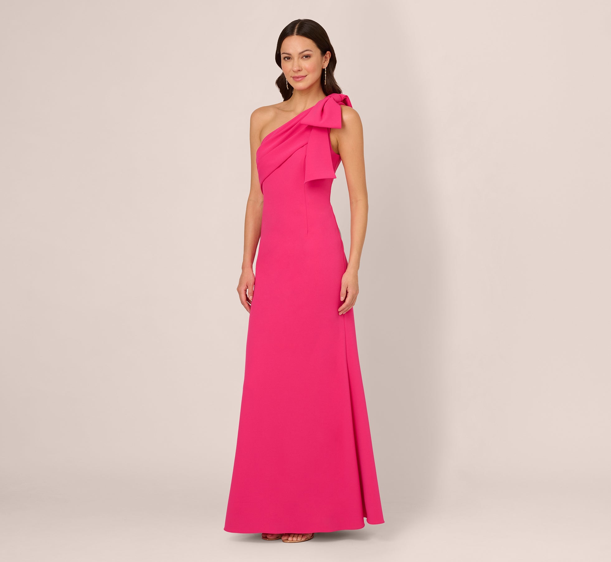 Stretch Crepe One Shoulder Mermaid Gown With Bow Accent In Hot Pink、mySite、solidvoid