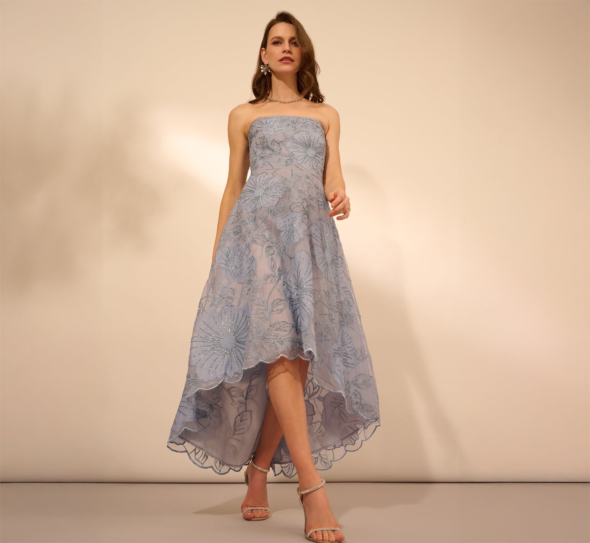 Strapless Floral Embroidered High Low Midi Dress In Blue Cloud、mySite、solidvoid