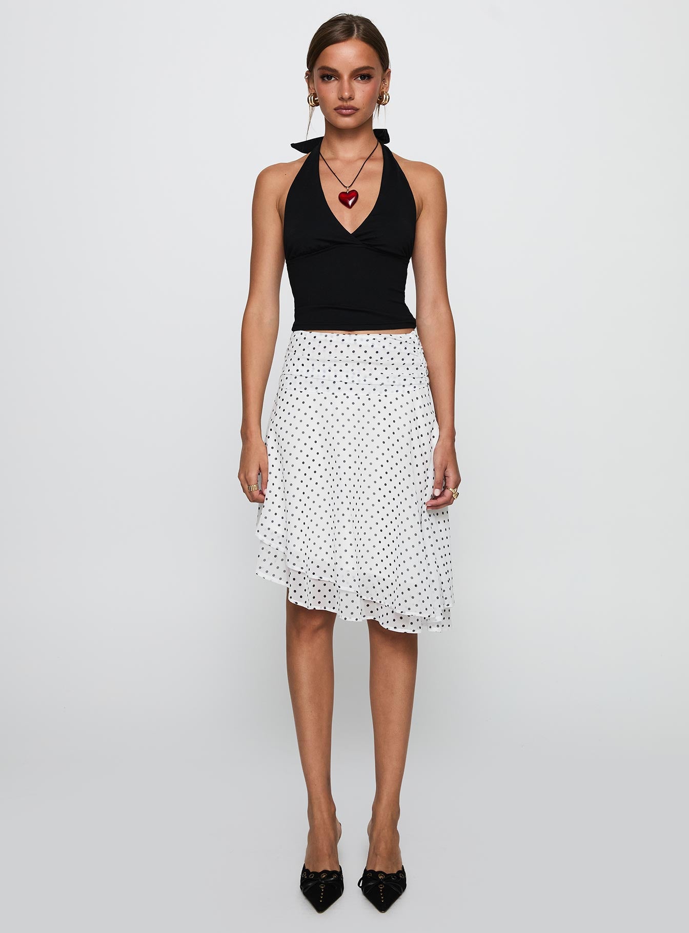 Evanescence Asymmetrical Midi Skirt White / Polka Dot、mySite、solidvoid