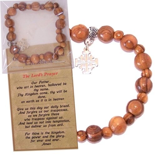 Elastic Olive wood religious bracelet with Silver tone Jerusalem Cross packed as a gift with Certificate、mySite、topwebapps