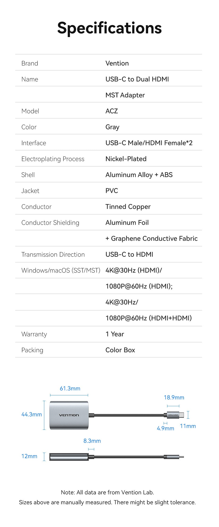 USB-C to Dual HDMI MST Adapter 0.15M