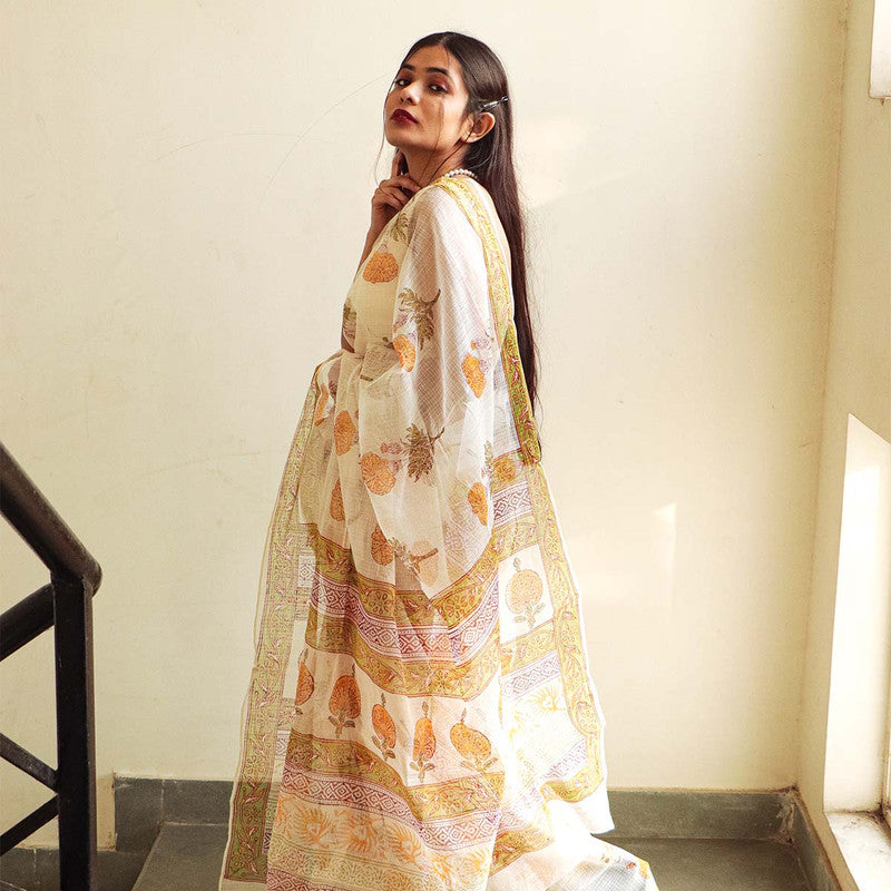 Festive Wear | Handblock Printed Kota Doria Saree | White、mySite、camillekostekn