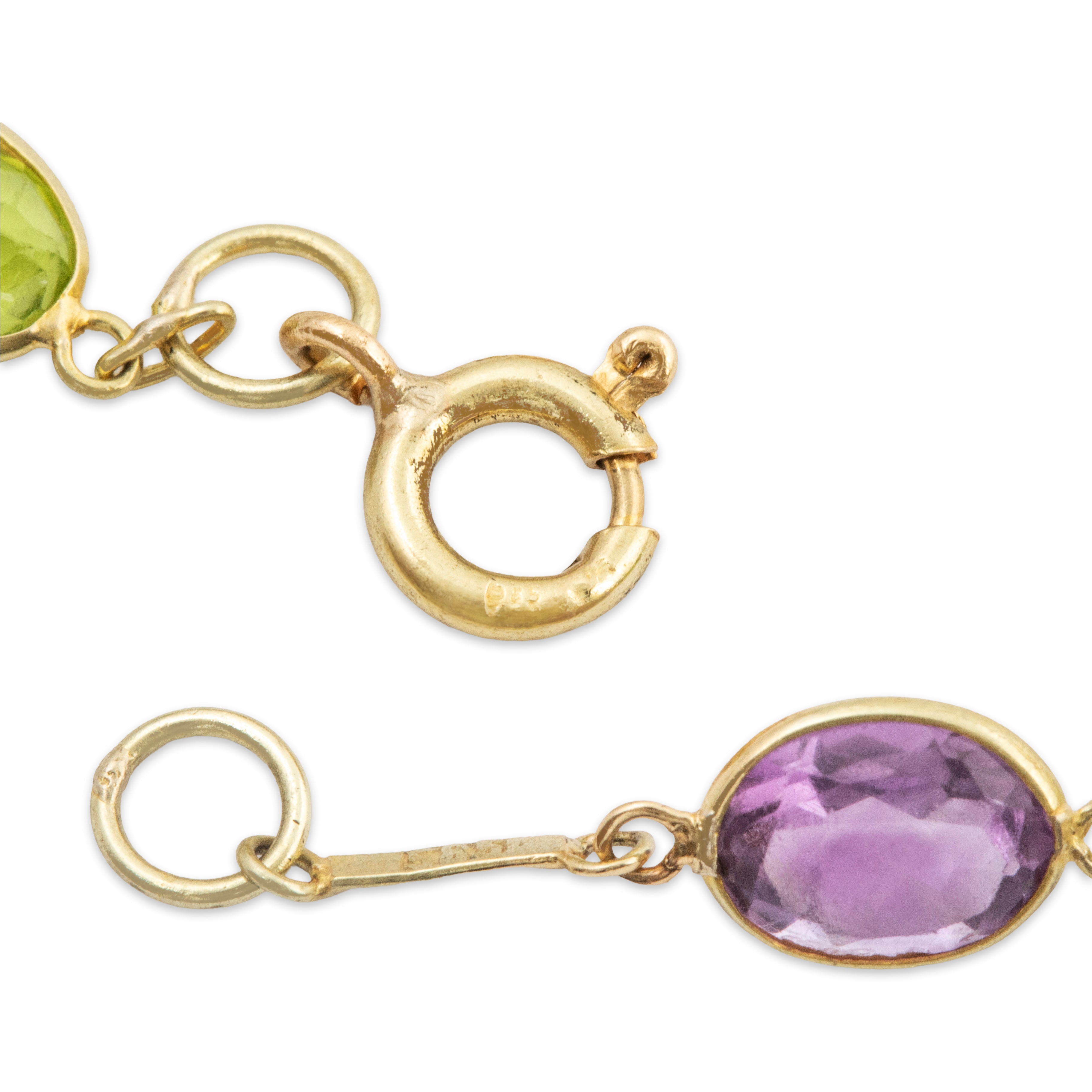 Vintage long 14k Yellow Gold 37cttw Peridot Amethyst Aquamarine Station Necklace、mySite、hinf8tx79