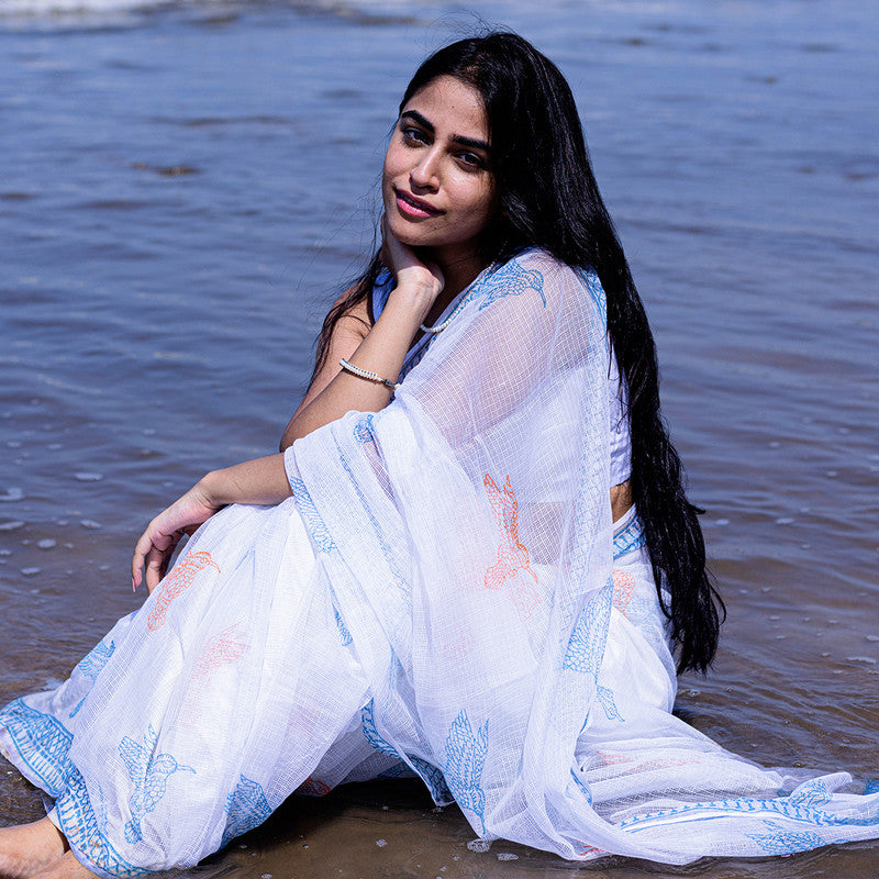 Kota Handblock Printed Saree | Orange & Blue、mySite、camillekostekn