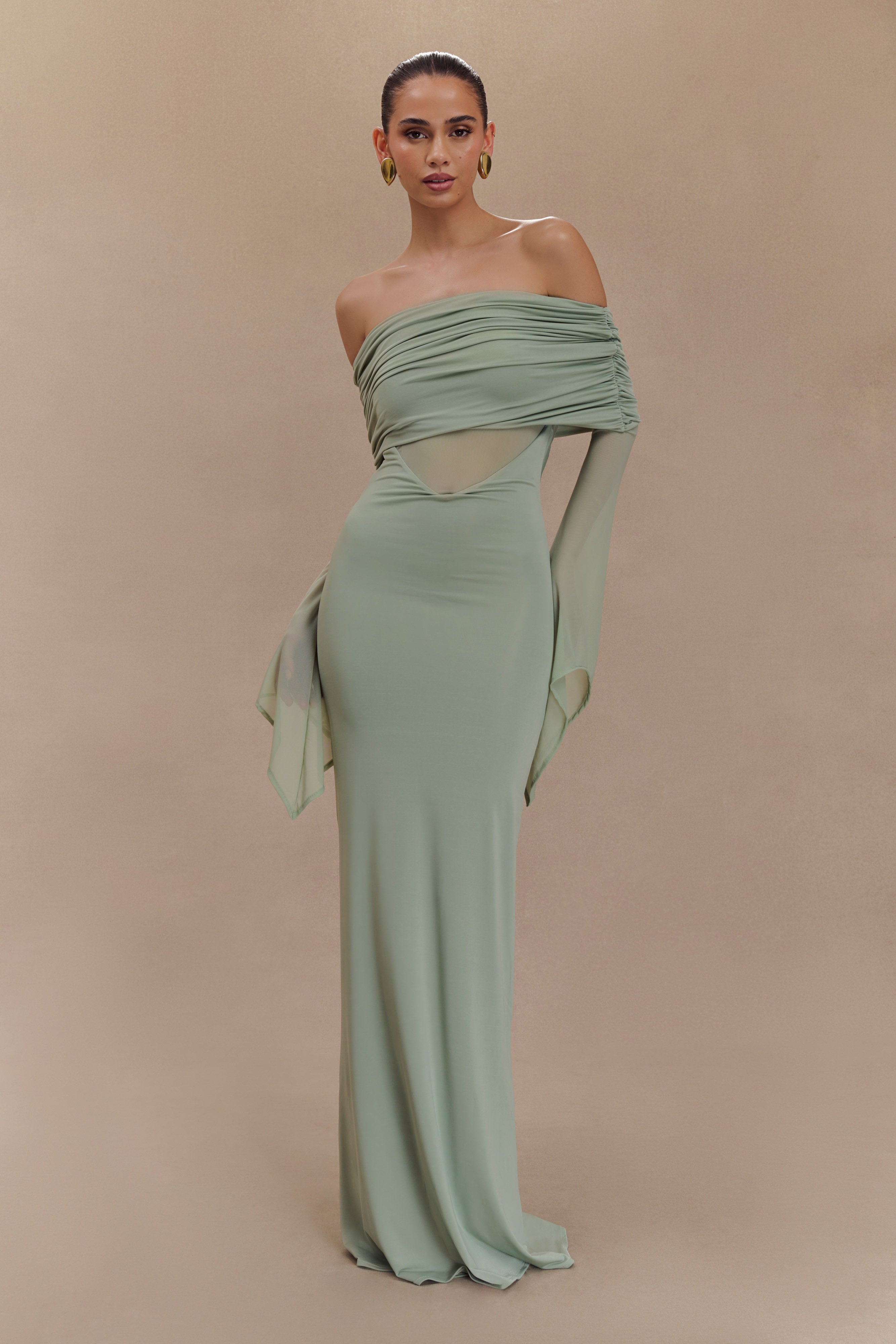 Kaitlin One Shoulder Slinky And Mesh Maxi Dress - Basil、mySite、solidvoid