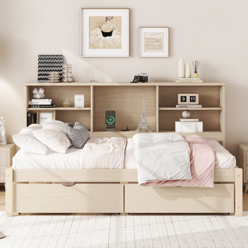Twin Size Bed Frame With Side Bookshelves, Two Drawers, And Built-in USB Port For Natural Color、、xpatfood