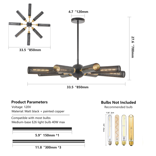 24" Modern Industrial Multi-Light Pendant Chandelier - 9-Light Black and Gold Adjustable Ceiling Light Fixture with Mesh Cylinder Shades for Living Room, Dining Room, or Staircase (Bulb Not Included)、、eastwooduniform