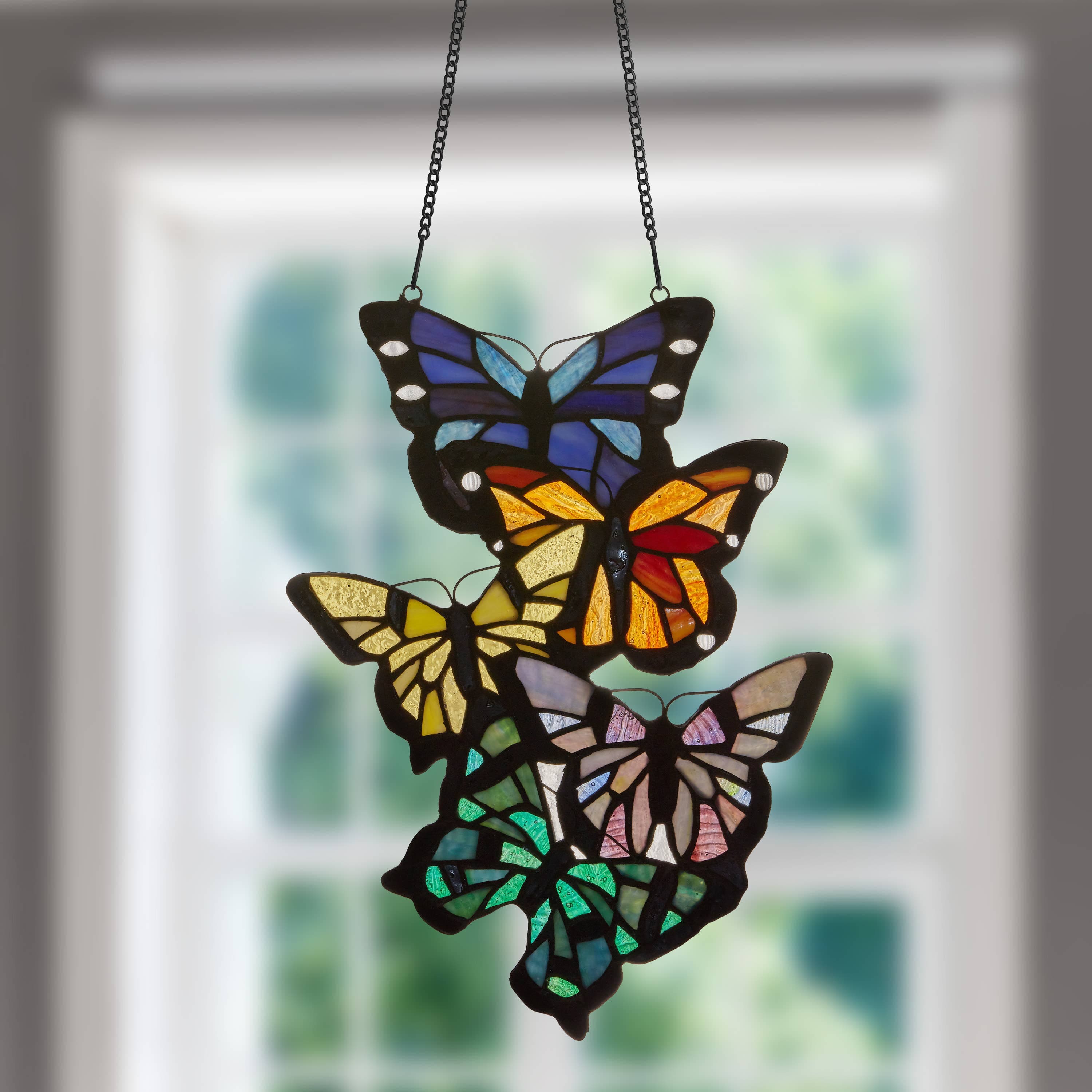 Brilliant Butterflies Cluster Stained Glass Window Panel- 13.25H、mySite、g9winljtr