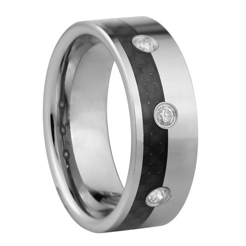  Tungsten ring with Fiber inlay and CZ stones - 8mm wide、mySite、elrpsem3k