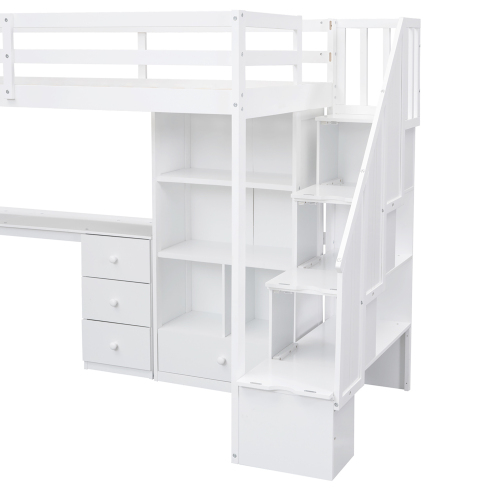 Twin Size Loft Bed with L-Shaped Desk and Drawers, Cabinet and Storage Staircase, White、、casual