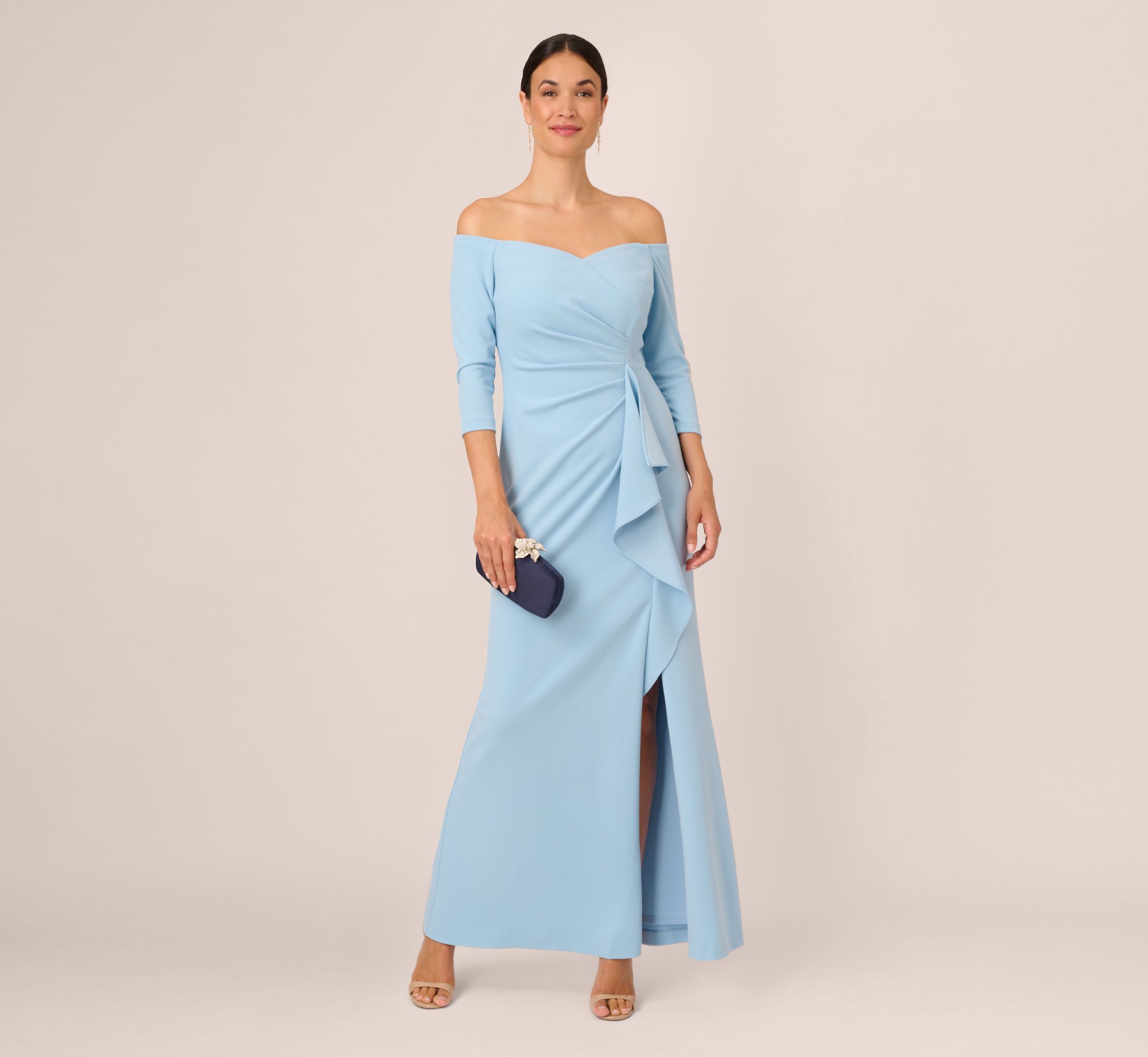 Off The Shoulder Cascading Ruffle Gown In Blue Mist、mySite、solidvoid